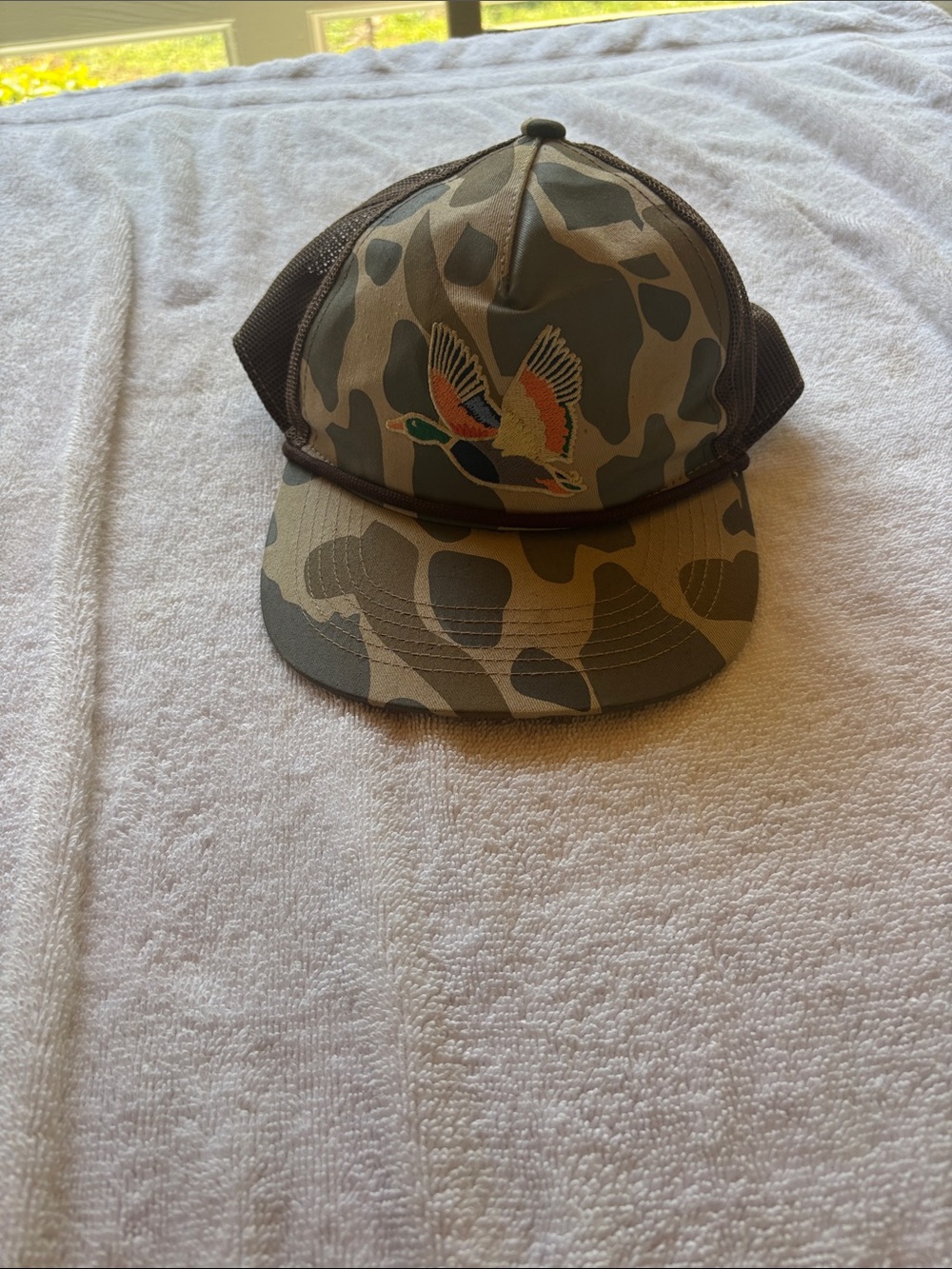 BURLEBO Camo Trucker Hat with Embroidered Flying Duck - Brown/Green